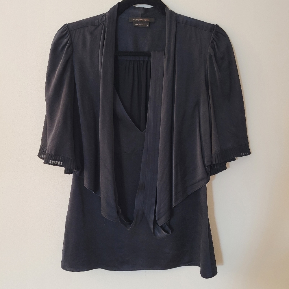 BCBG Maxazria Navy Blue Women's Top W Tie Flutter Sleeve Side Zip Silk Size Sm